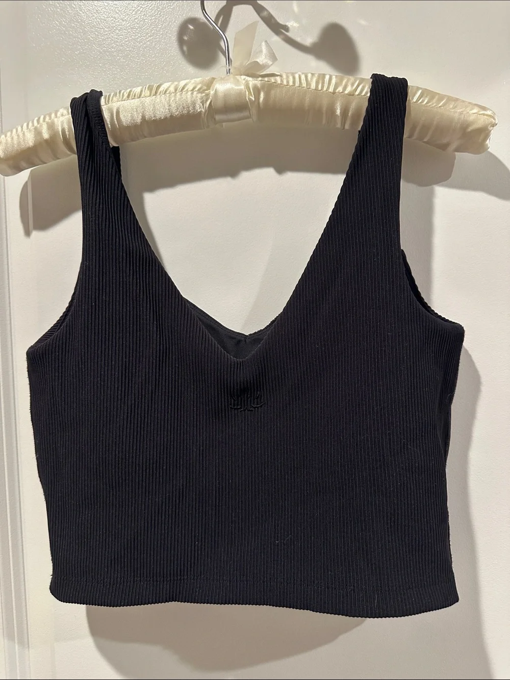 Beyond Yoga Black Ribbed V-Neck Tank with Tonal Monogram